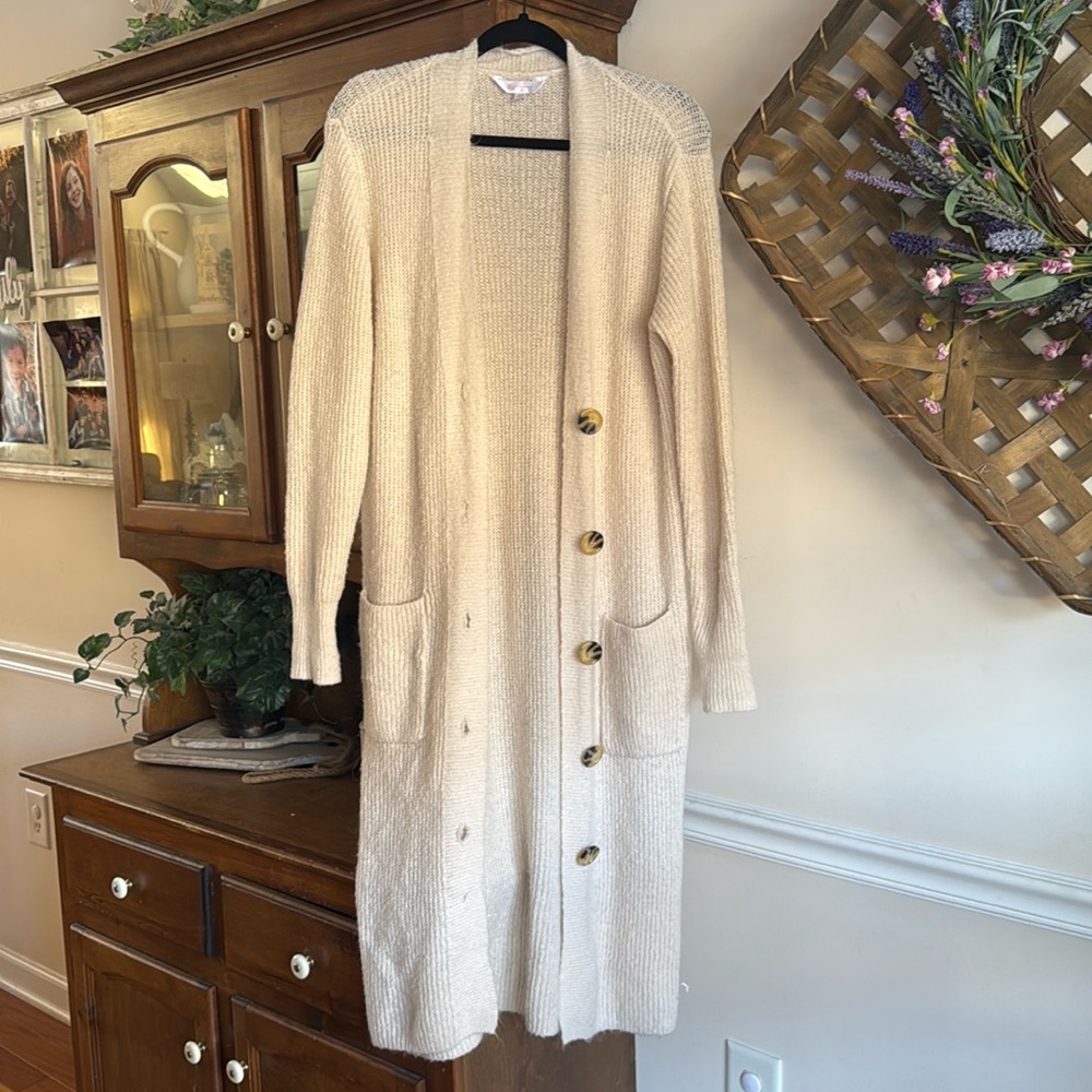 Soft cream colored button down cardigan (floor length duster past knees)